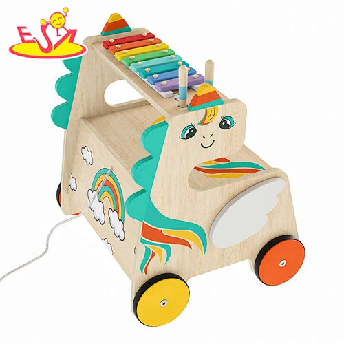 Wholesale Baby Walker Colorful Unicorn Wooden Pull Along Toy With Xylophone W12D500